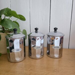 lot de 3 boîtes à café, sucre et chicorée vintage en métal chromé