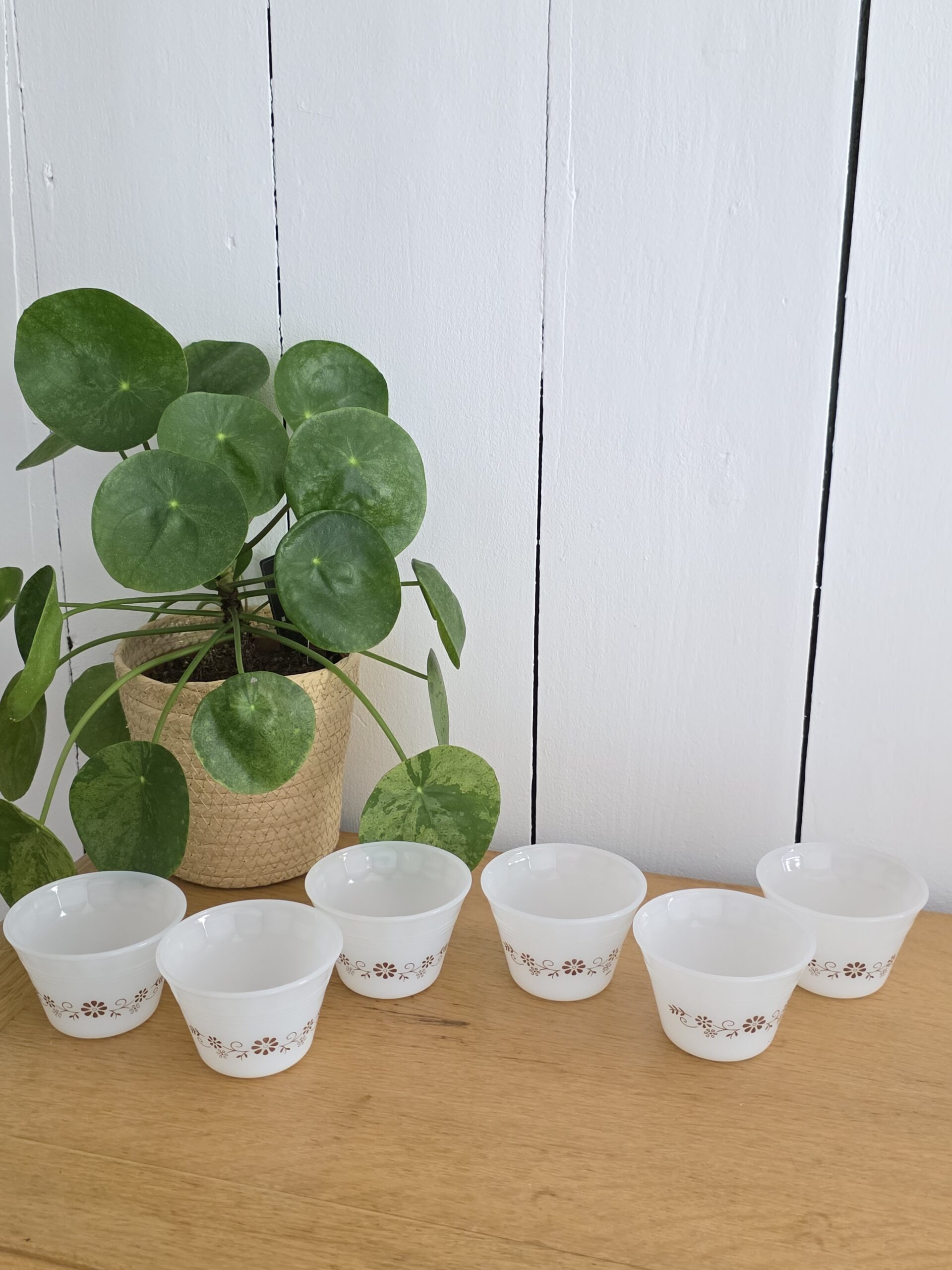 lot de 6 ramequins vintage dynaware en verre opalin décor floral brun lot de 6 ramequins vintage dynaware en verre opalin décor floral brun
