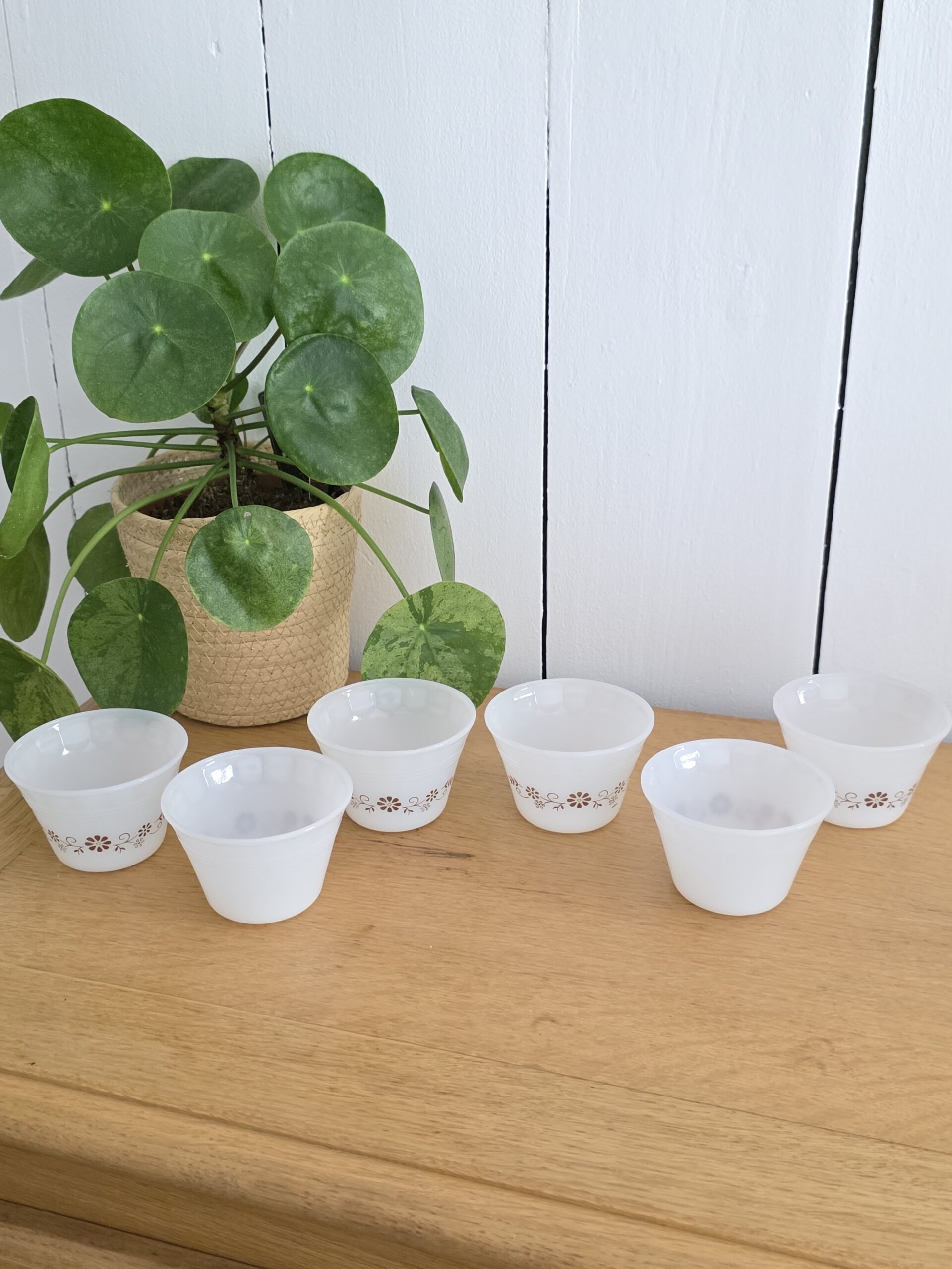 lot de 6 ramequins vintage dynaware en verre opalin décor floral brun lot de 6 ramequins vintage dynaware en verre opalin décor floral brun