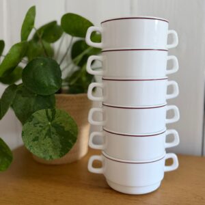 lot de 6 bols vintage en verre opalin blanc à filet bordeaux arc