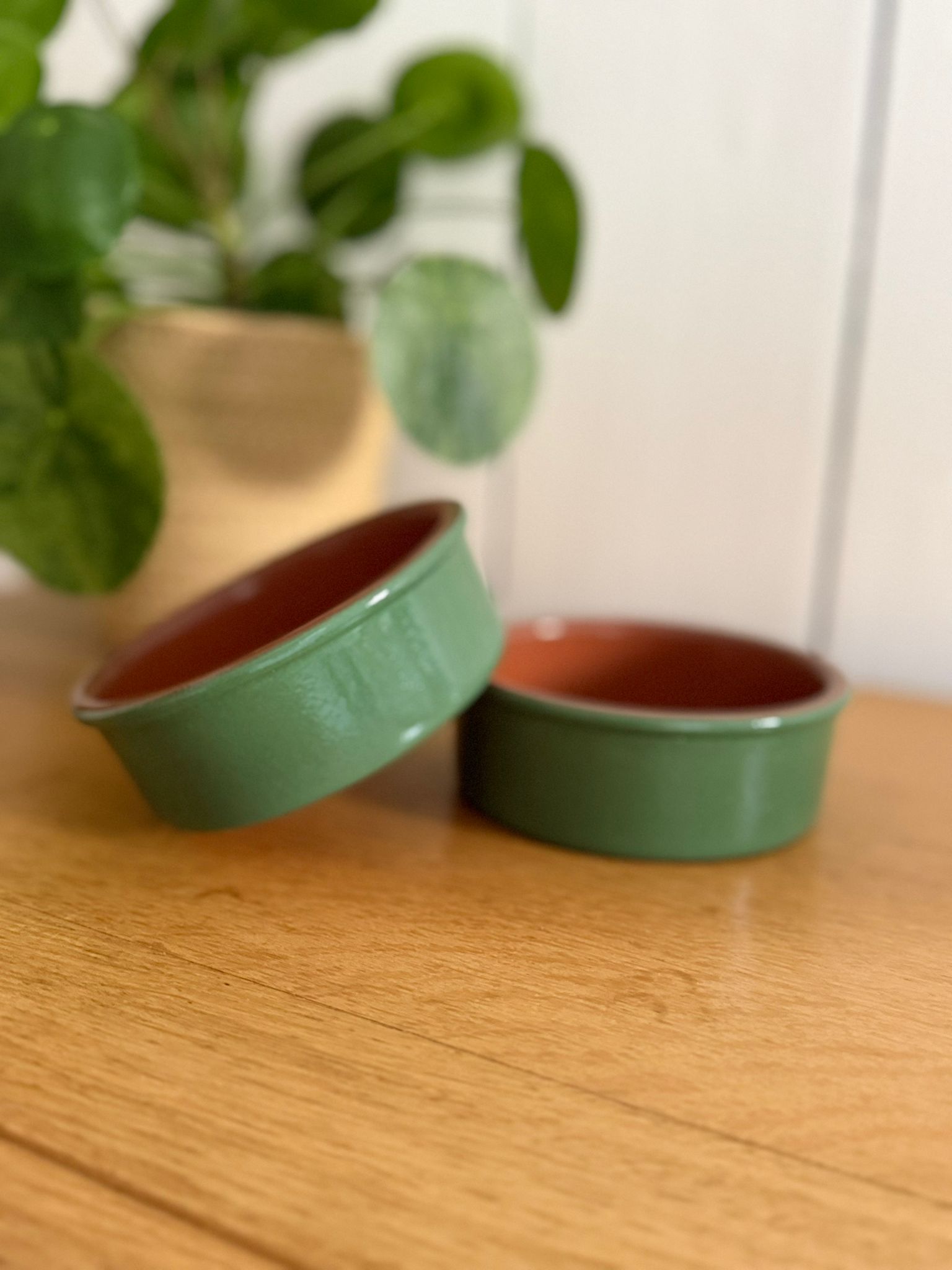 lot de 2 plats à gratin individuels en grès émaillé vert vintage lot de 2 plats à gratin individuels en grès émaillé vert vintage