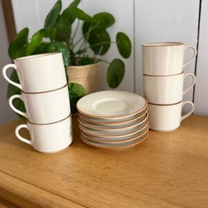 service à café vintage en grès naturel – 6 tasses et 6 sous tasses