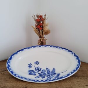 Plat ovale Sarreguemines Donon vintage – Grand plat de service en faïence décor bleu